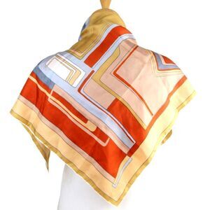 27"x26.5" TRES-ELLE MULTICOLOR GEOMETRIC SILK HANDROLLED SCARF SHAWL WRAP (G89